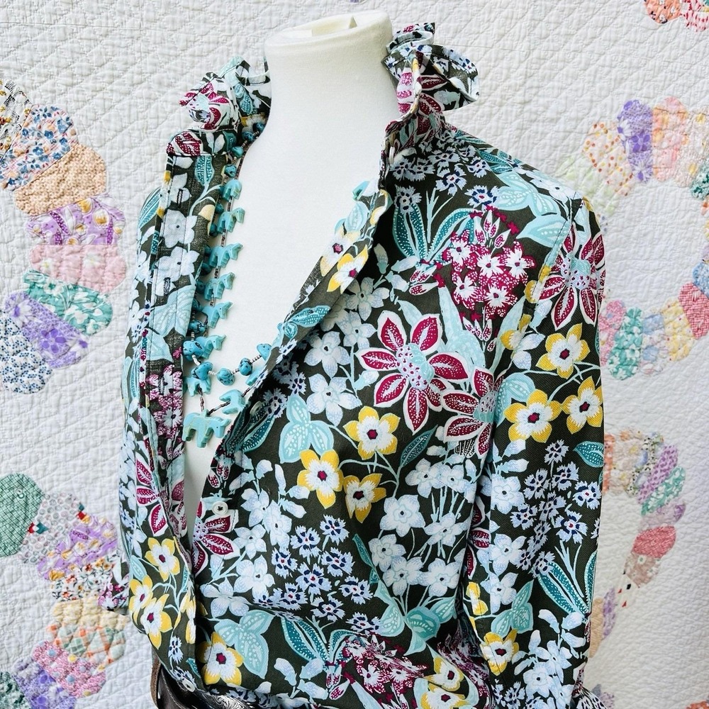 Upcycled Fairycore Talbots Loden Green Floral Long Sleeve Ruffle Collar Shirt M - Picture 4 of 9
